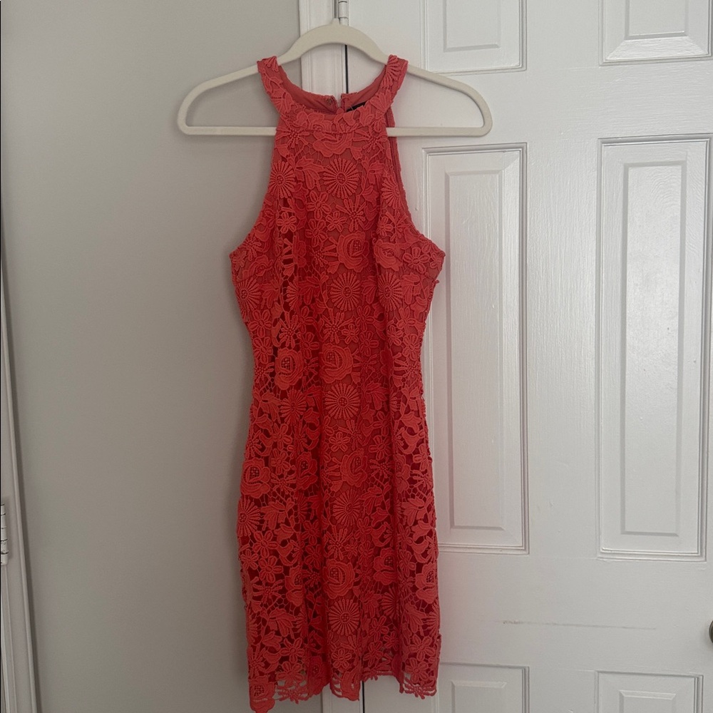 Lulus Love Poem Coral Orange Lace Dress - Size Medium